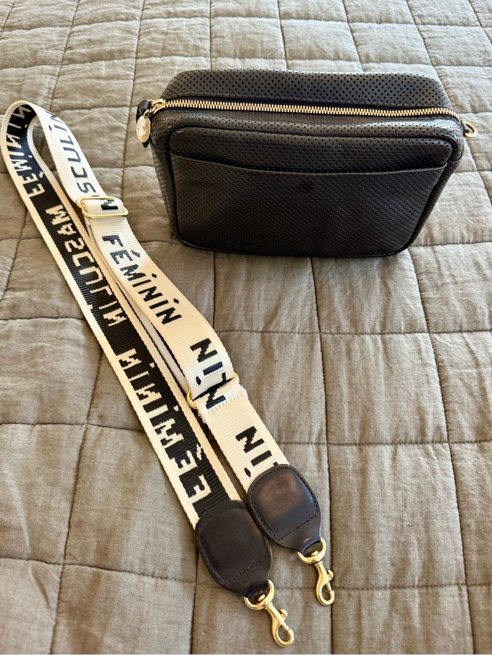 Clare V. Marisol Navy Perforated Leather Crossbody + Masculin Féminin Strap